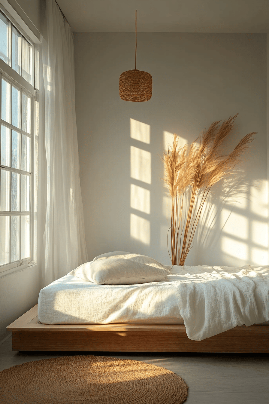 Minimalistisch eingerichtetes Schlafzimmer mit einem schwebenden Bett, das von natürlichem Licht durchflutet wird.