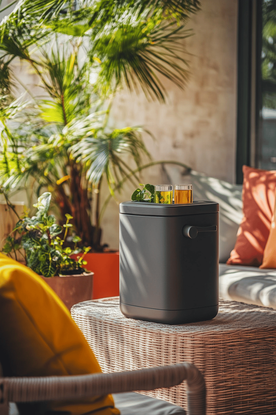 Moderner Getränkekühler auf einer Terrasse mit Pflanzen im Hintergrund.