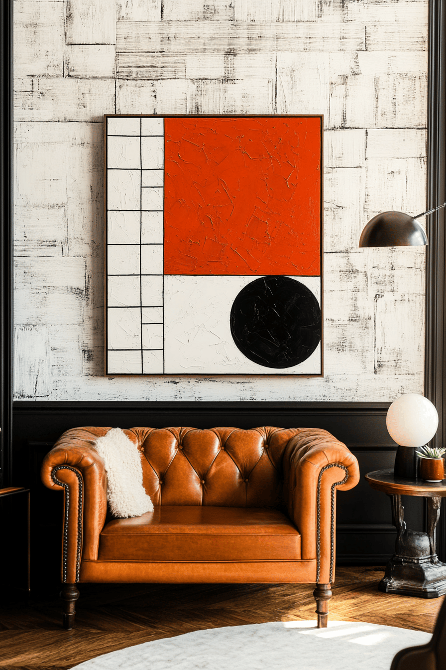 Ein Wohnzimmer mit einer braunen Ledercouch und einem modernen Kunstwerk an einer Vintage-Wand.