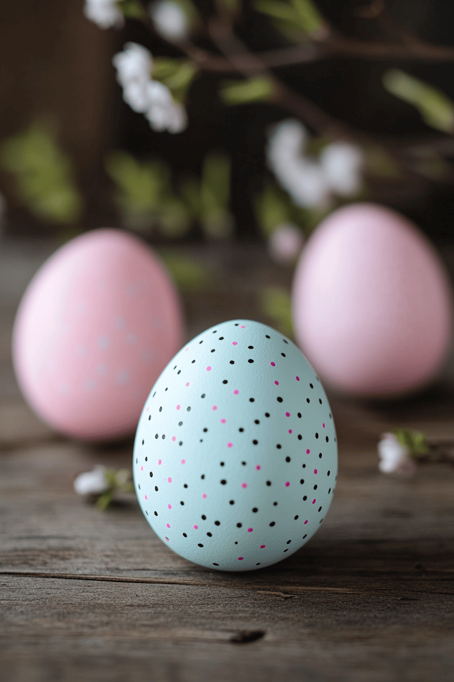 Drei Ostereier in Pastelltönen mit schwarzen und pinken Punkten auf einem Holztisch.