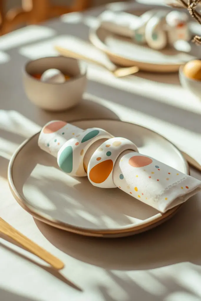 Bunter Ostertisch mit modernem dekoriertem Serviettenring.