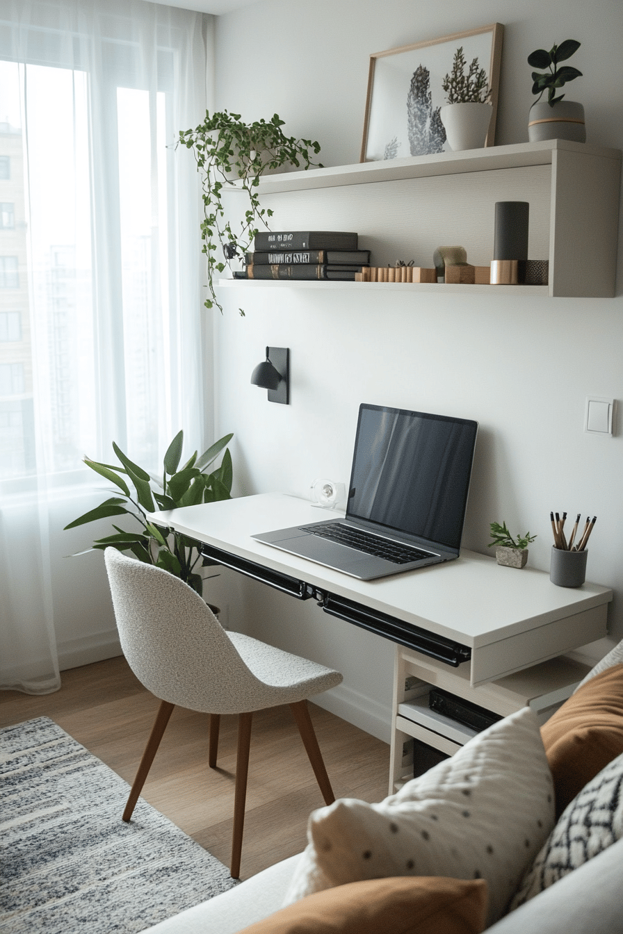 Kleines Wohnzimmer mit funktionalem Schreibtisch, Pflanzen und Regalen