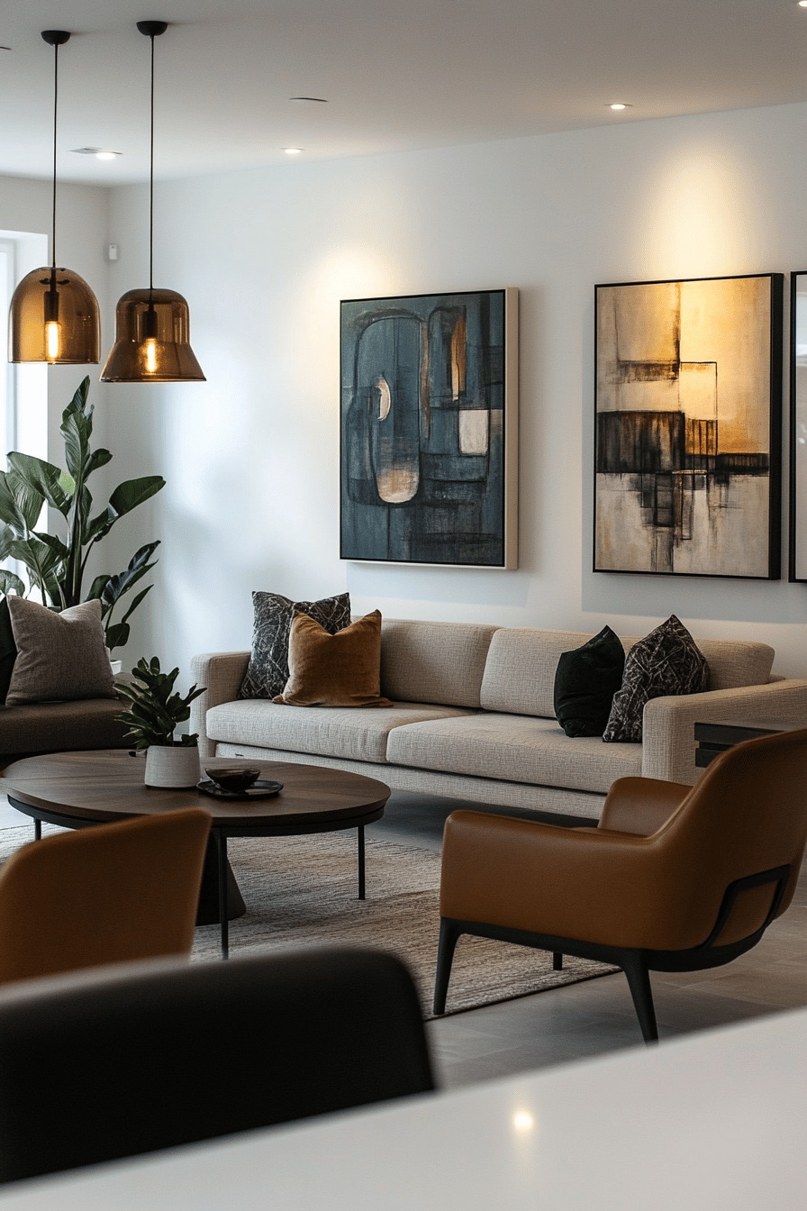 Modernes Wohnzimmer mit Kunstwerken an der Wand und stilvollen Möbeln.