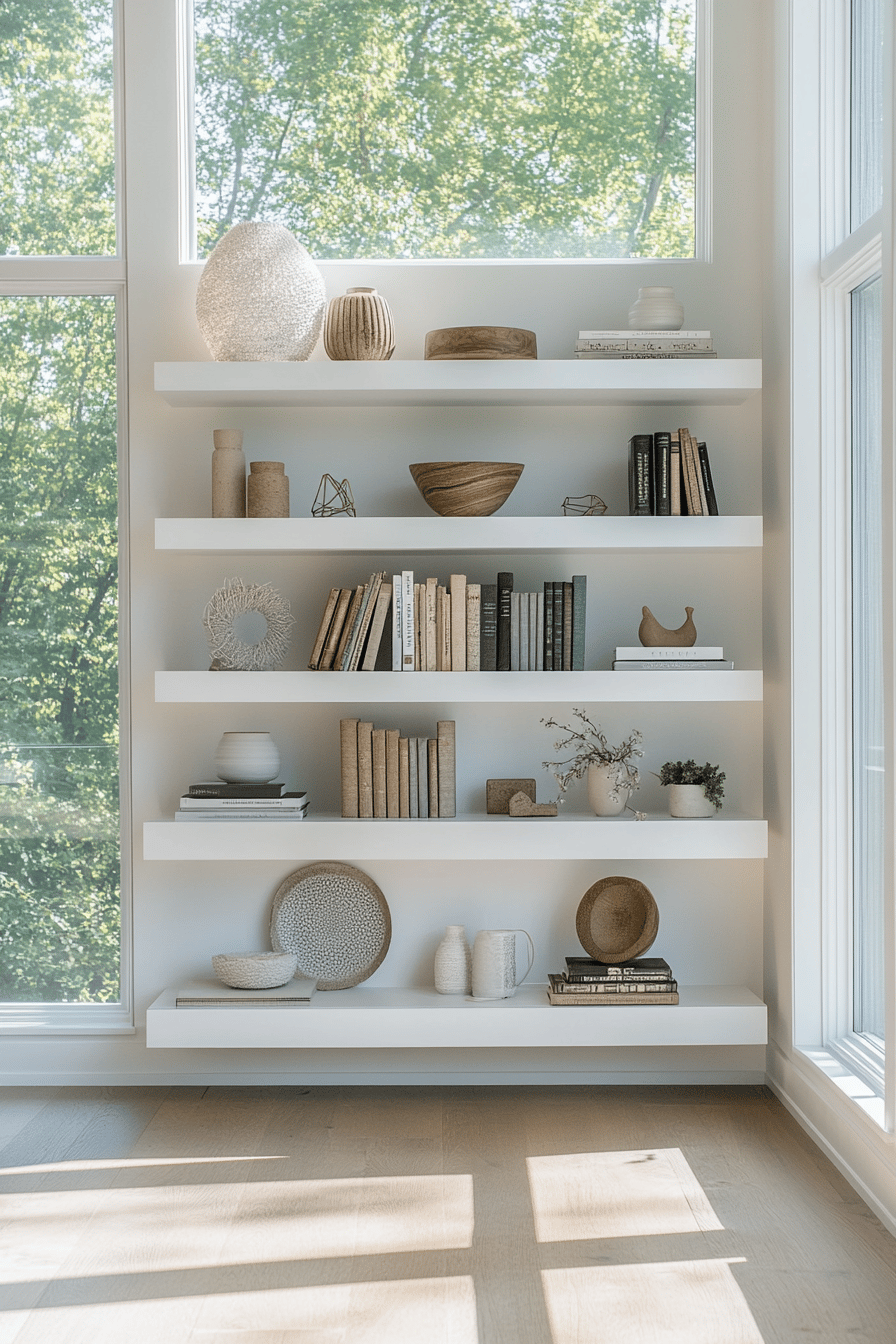 Offene Regale in einem modern gestalteten Wohnzimmer mit dekorativen Gegenständen.