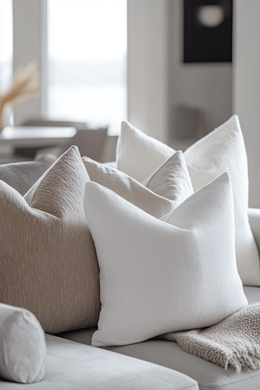 Ein Sofa mit mehreren weißen und beigen Kissen sowie einer strukturierten Decke.