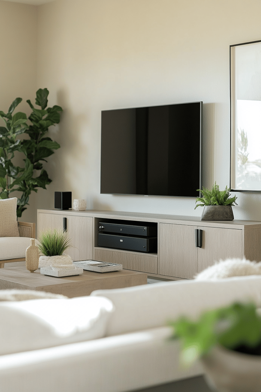 Modernes Wohnzimmer mit großem Fernseher, Beistelltisch und Pflanzen.