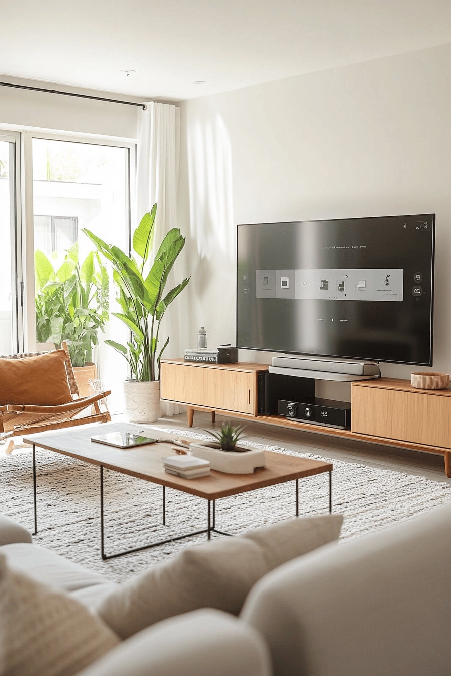 Modernes Wohnzimmer mit großem Bildschirm, Holzmöbeln und Pflanzen.