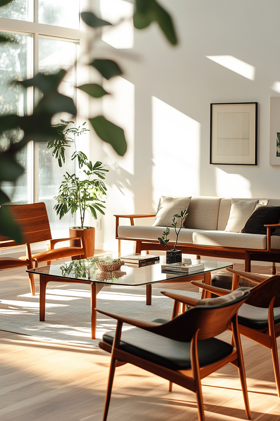 Modernes Wohnzimmer mit Holzmöbeln, Glas-Couchtisch und Pflanzen.