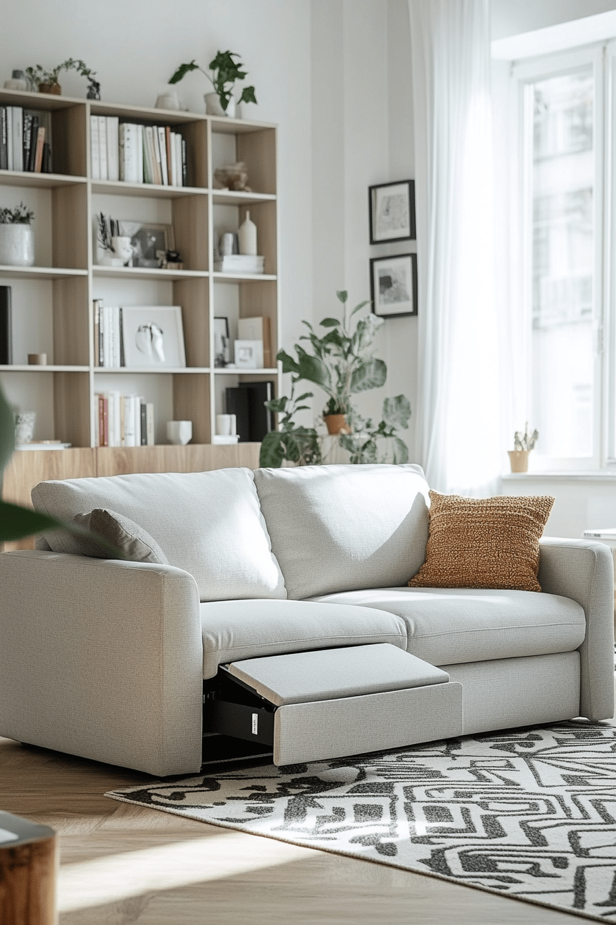 Modernes Wohnzimmer mit beige Sofa und Regalwand.