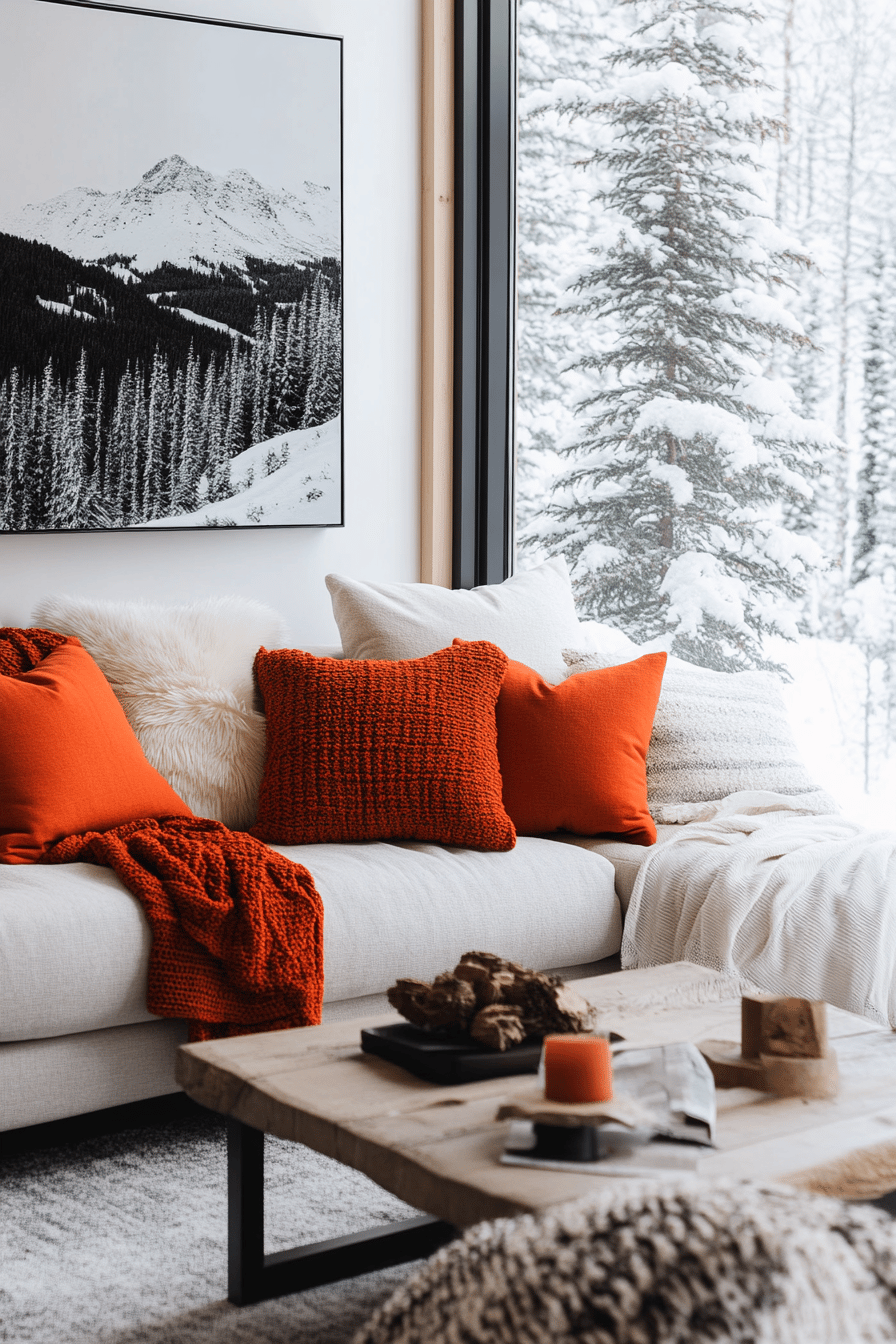 Ein modernes Wohnzimmer mit roten Akzentkissen und Blick auf eine verschneite Landschaft.