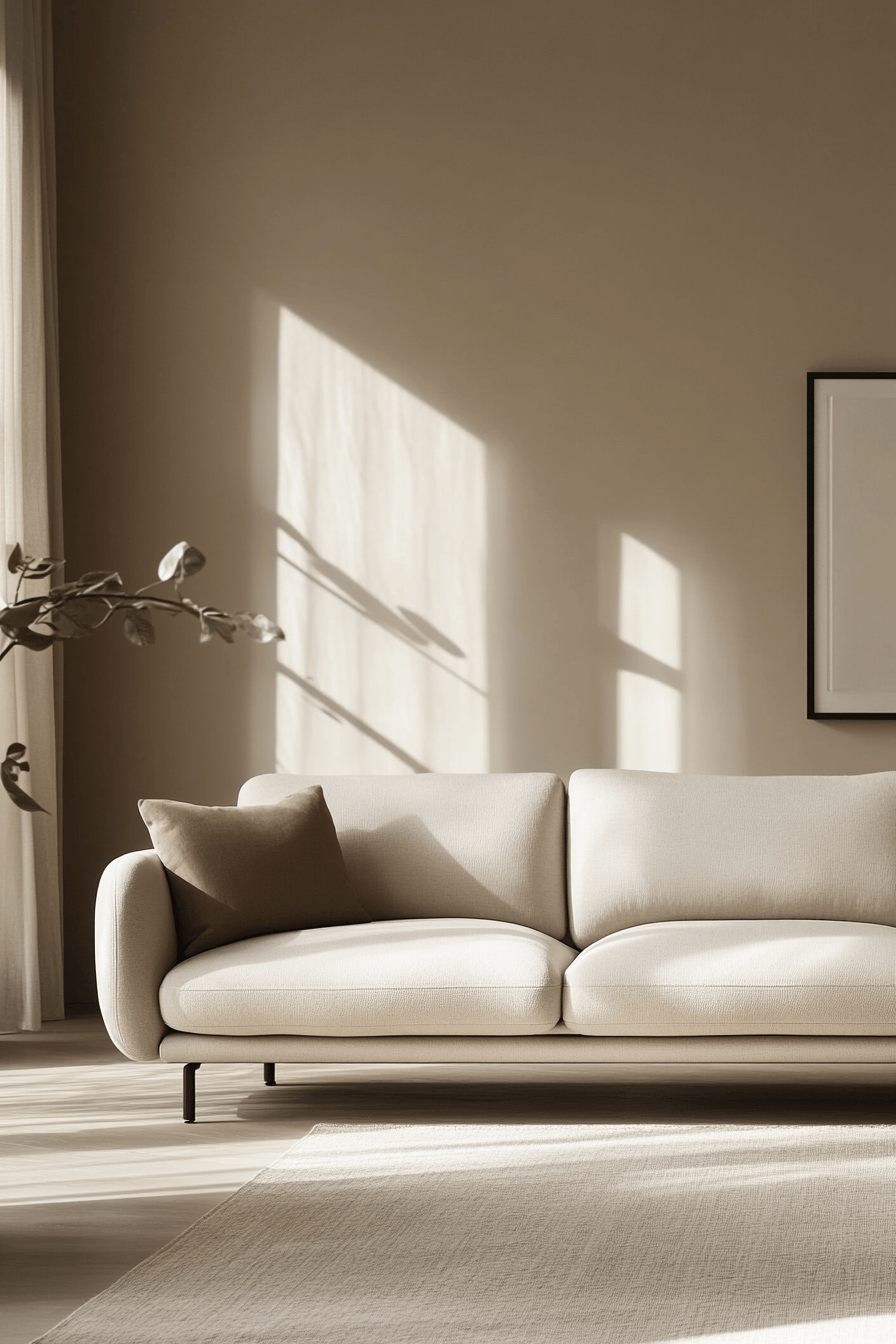 Ein minimalistisches, helles Sofa wird von natürlichem Licht beleuchtet.