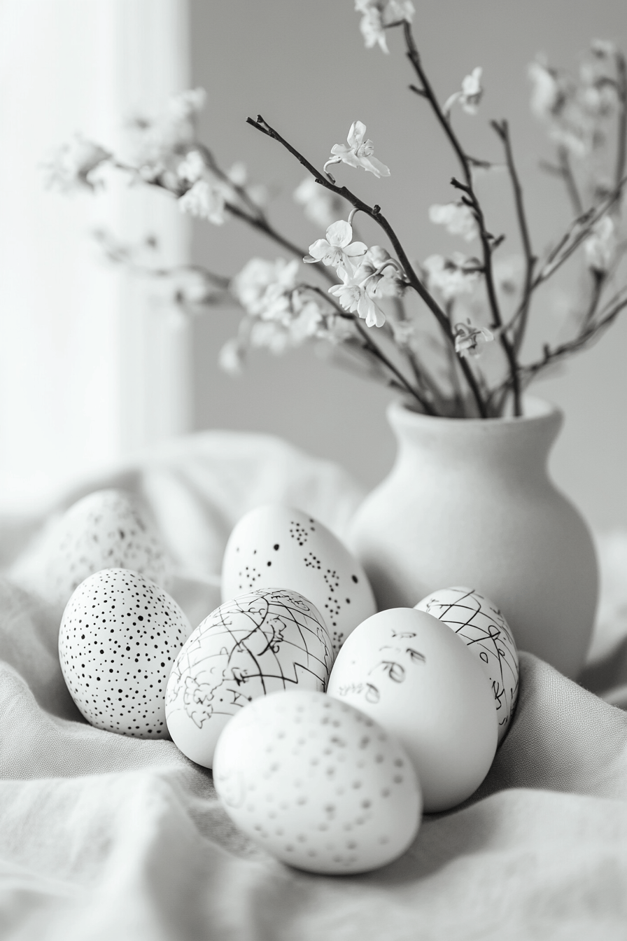 Monochrome Ostereier mit stilvollen Mustern, dekoriert auf einem Tuch vor einem blühenden Zweig in einer Vase.