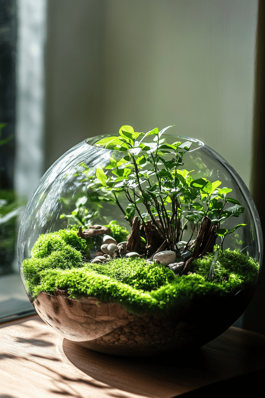 Ein Terrarium mit Moos und grünen Pflanzen auf einem Holztisch.