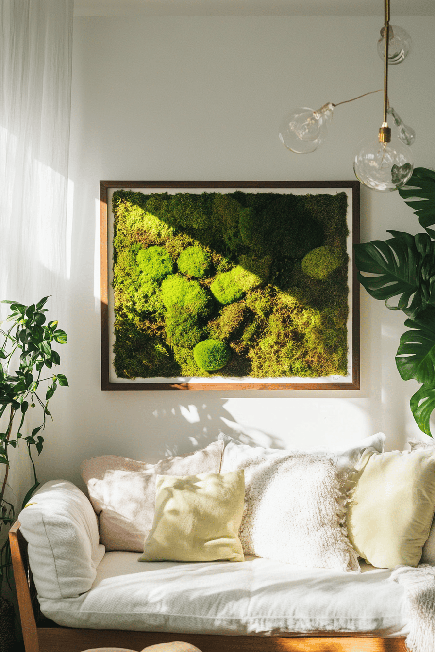 Ein dekoratives Bild aus Moos über einem Sofa im Wohnzimmer.