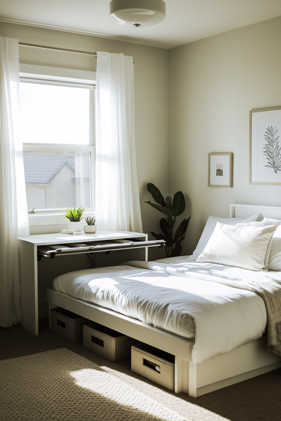 Ein kleines, helles Schlafzimmer mit Bett und praktischem Schreibtisch vor dem Fenster.