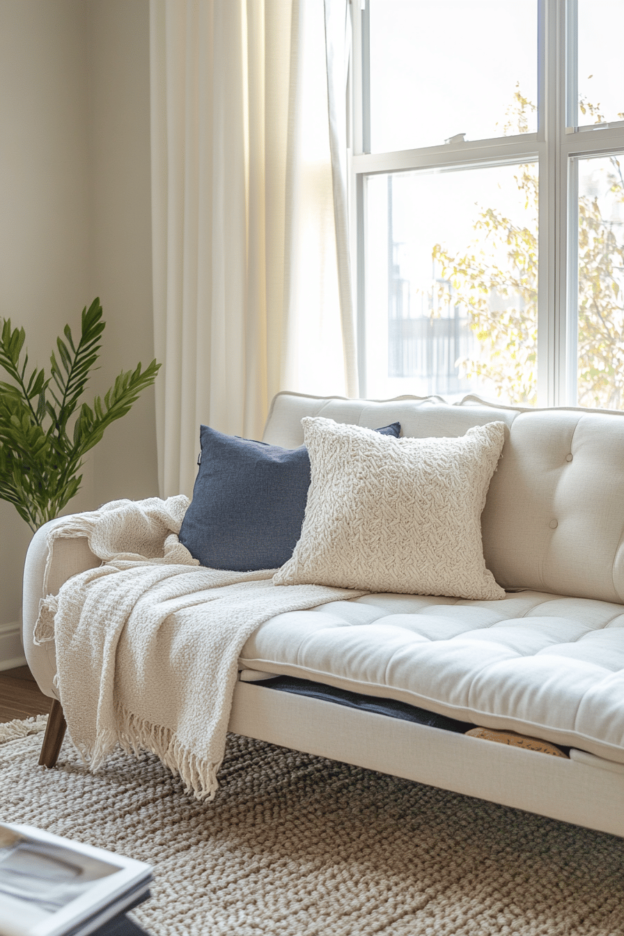 Ein gemütliches Schlafsofa mit Kissen in einem hellen Raum.