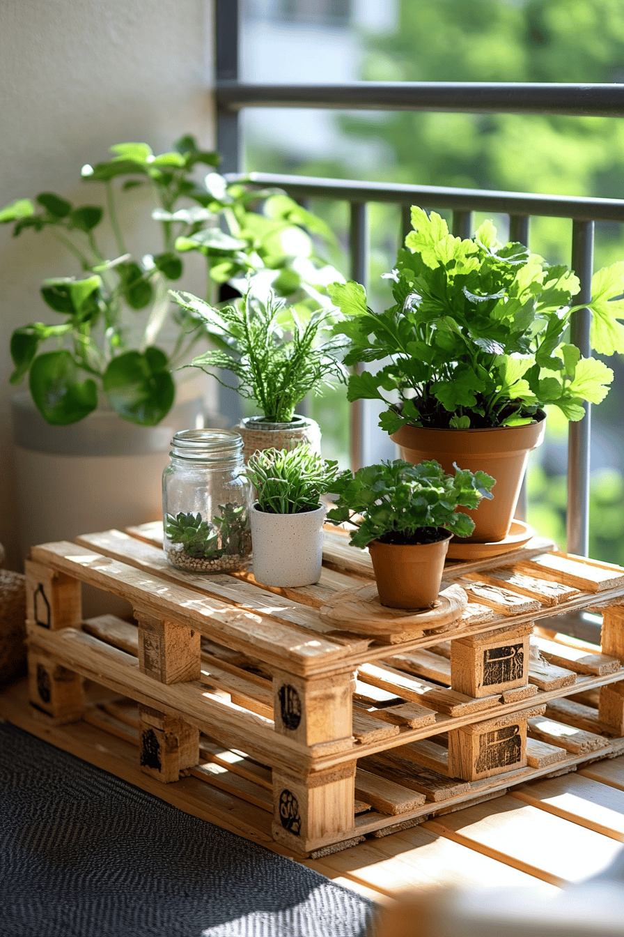 Kleine Pflanzen in Töpfen auf Holzpaletten auf einem Balkon.
