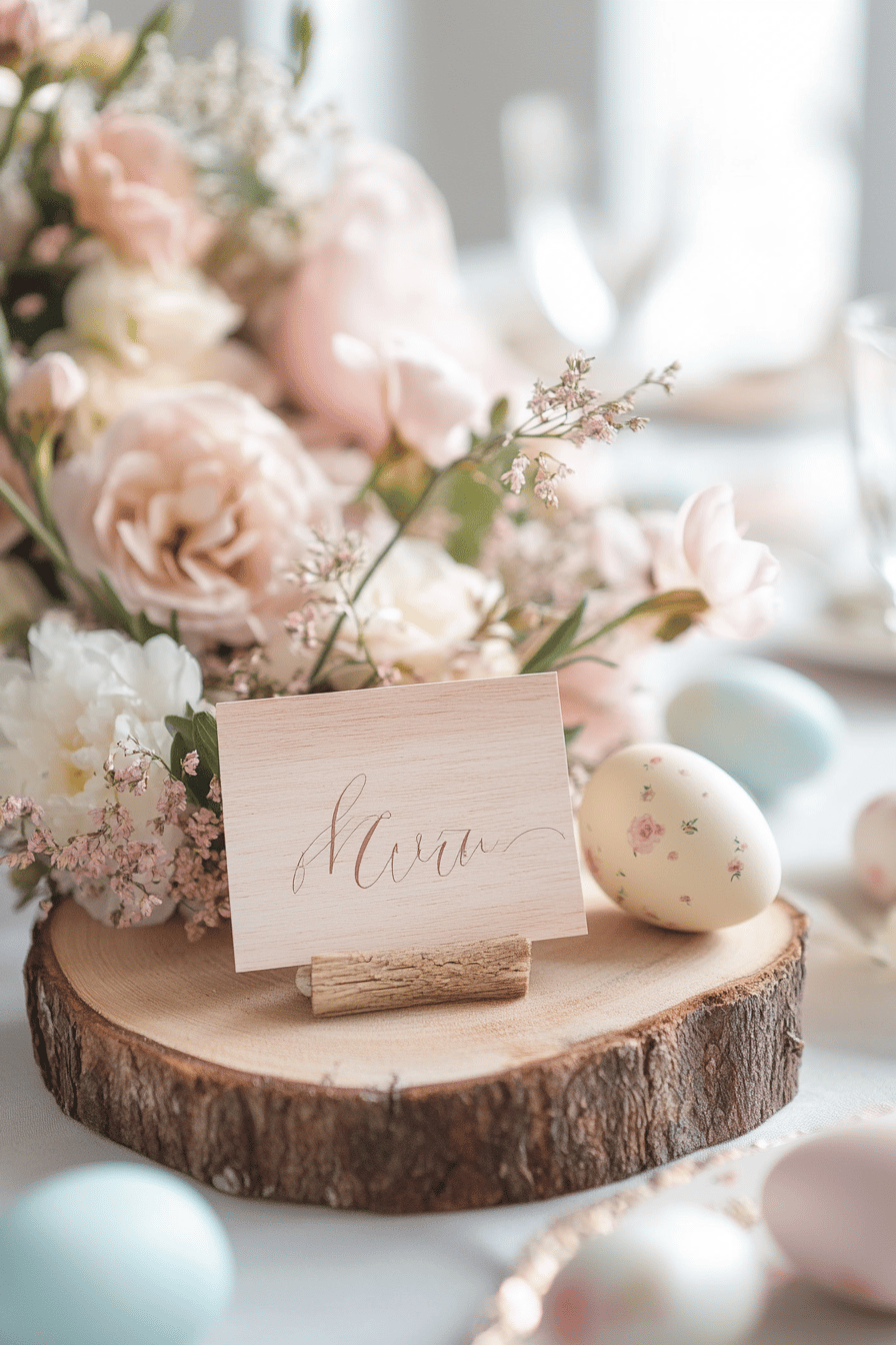 Ein Tisch mit einer Namenskarte auf einer Baumscheibe, umgeben von Blumen und Ostereiern.