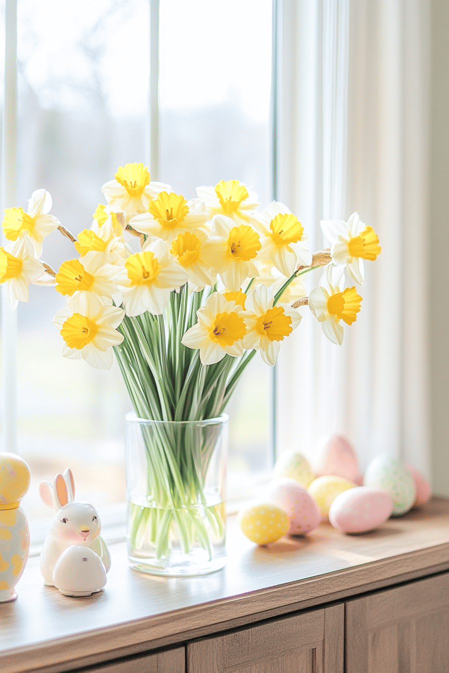 Ein Blumenarrangement aus gelben und weißen Narzissen in einem Glasgefäß, umgeben von bunten Ostereiern und Keramikhasen auf einem Holzfensterbrett.