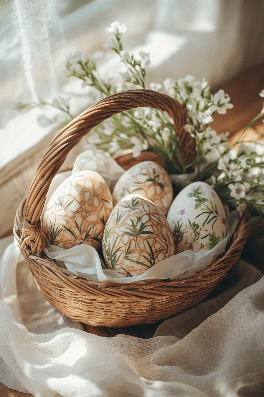 Ostereier mit natürlichen Mustern in einem Korb, dekoriert mit Blumen.