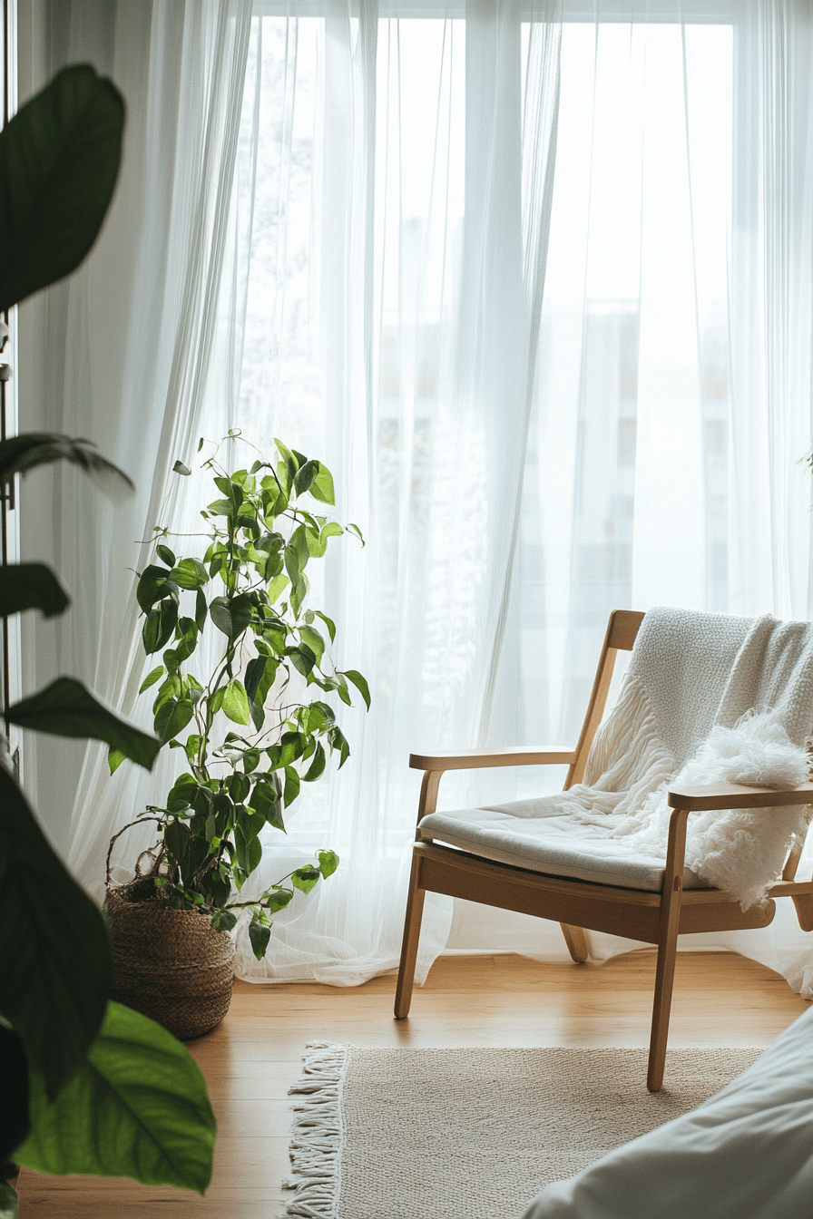 Gemütlicher Sessel mit Decke und Pflanze vor einem großen Fenster.