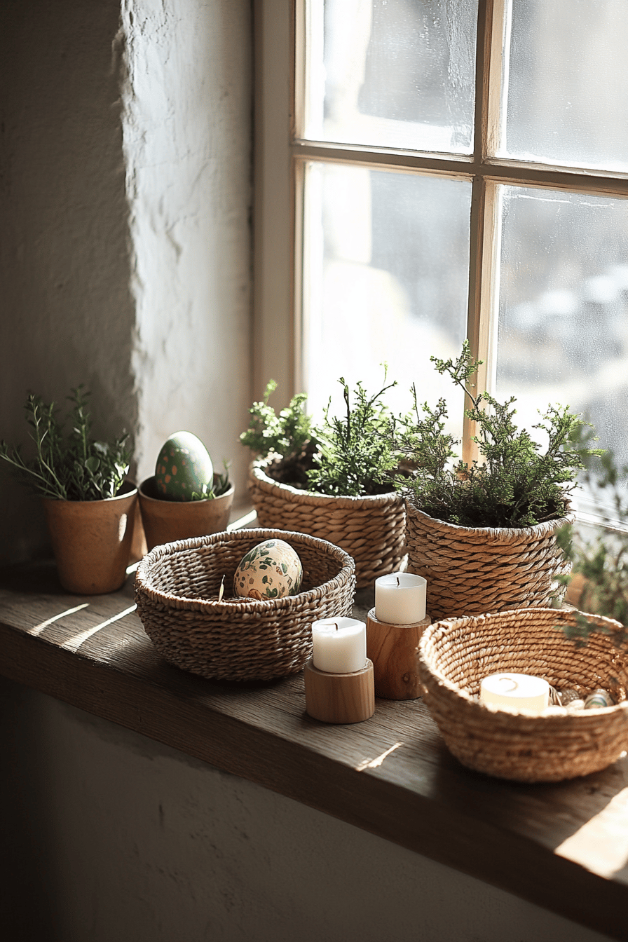 Fensterbank mit Osterdekoration aus Körben, Töpfen und Pflanzen.