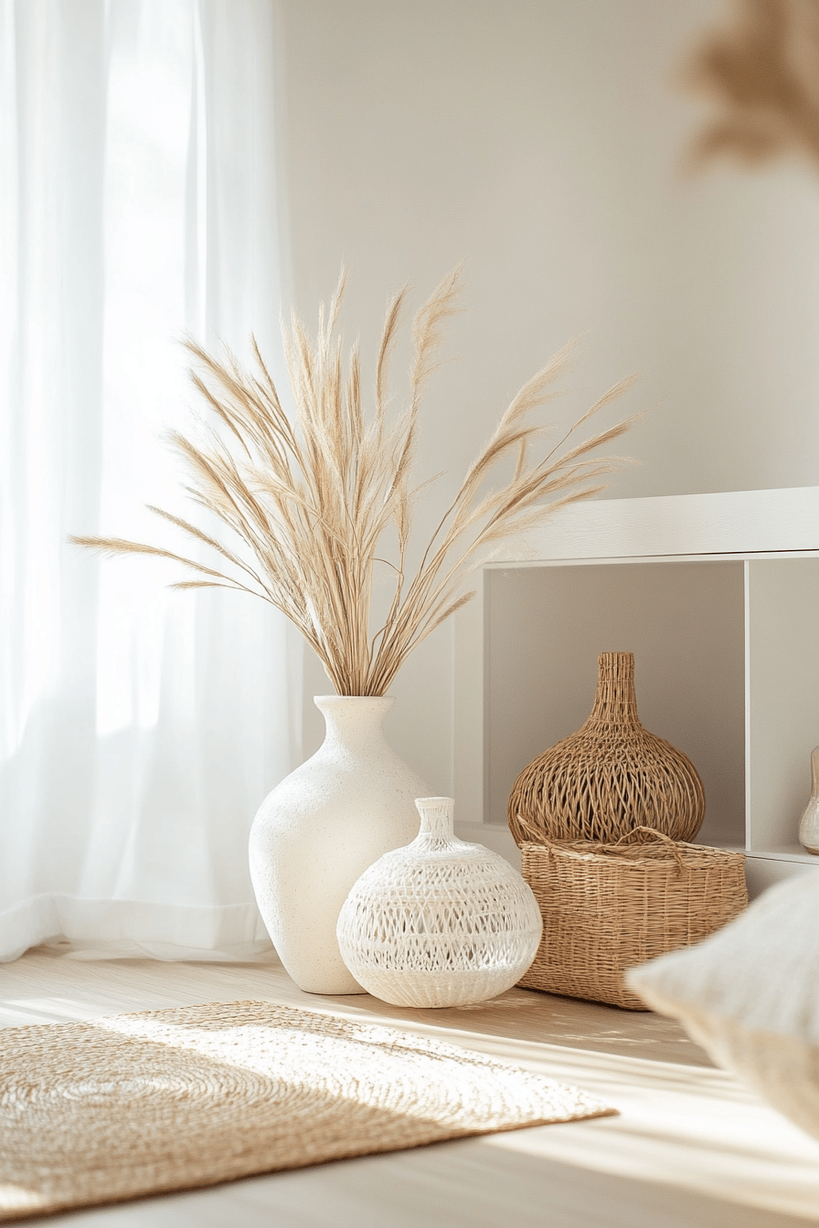 Wohnzimmer dekoriert mit weißen Vasen und Körben aus Naturmaterialien.