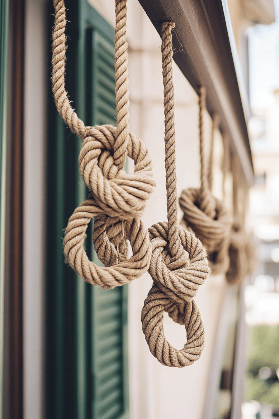Seilknoten hängen als dekoratives Element an einem Balkongeländer.