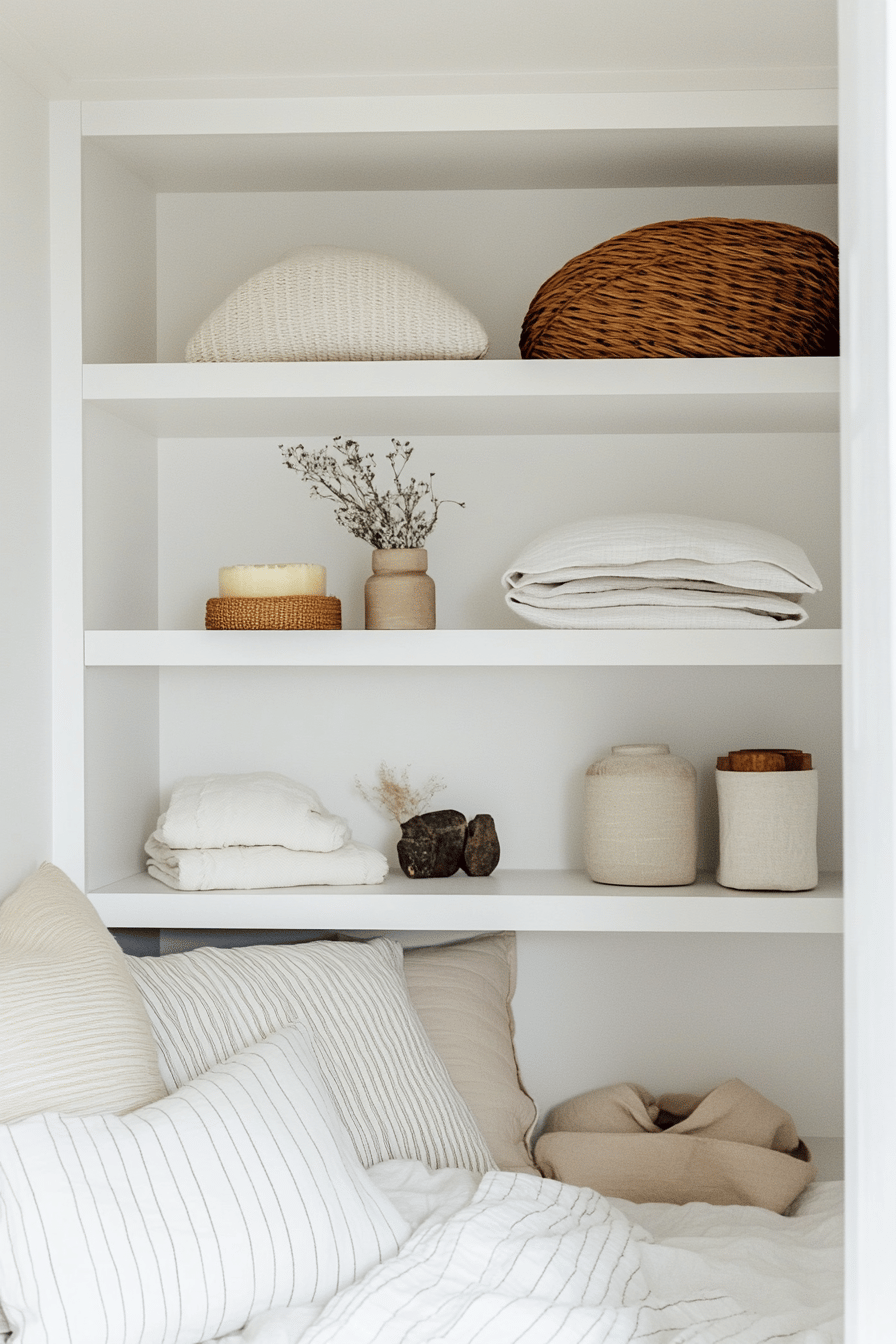 Offene Regale mit Kissen, Decken und dekorativen Objekten.