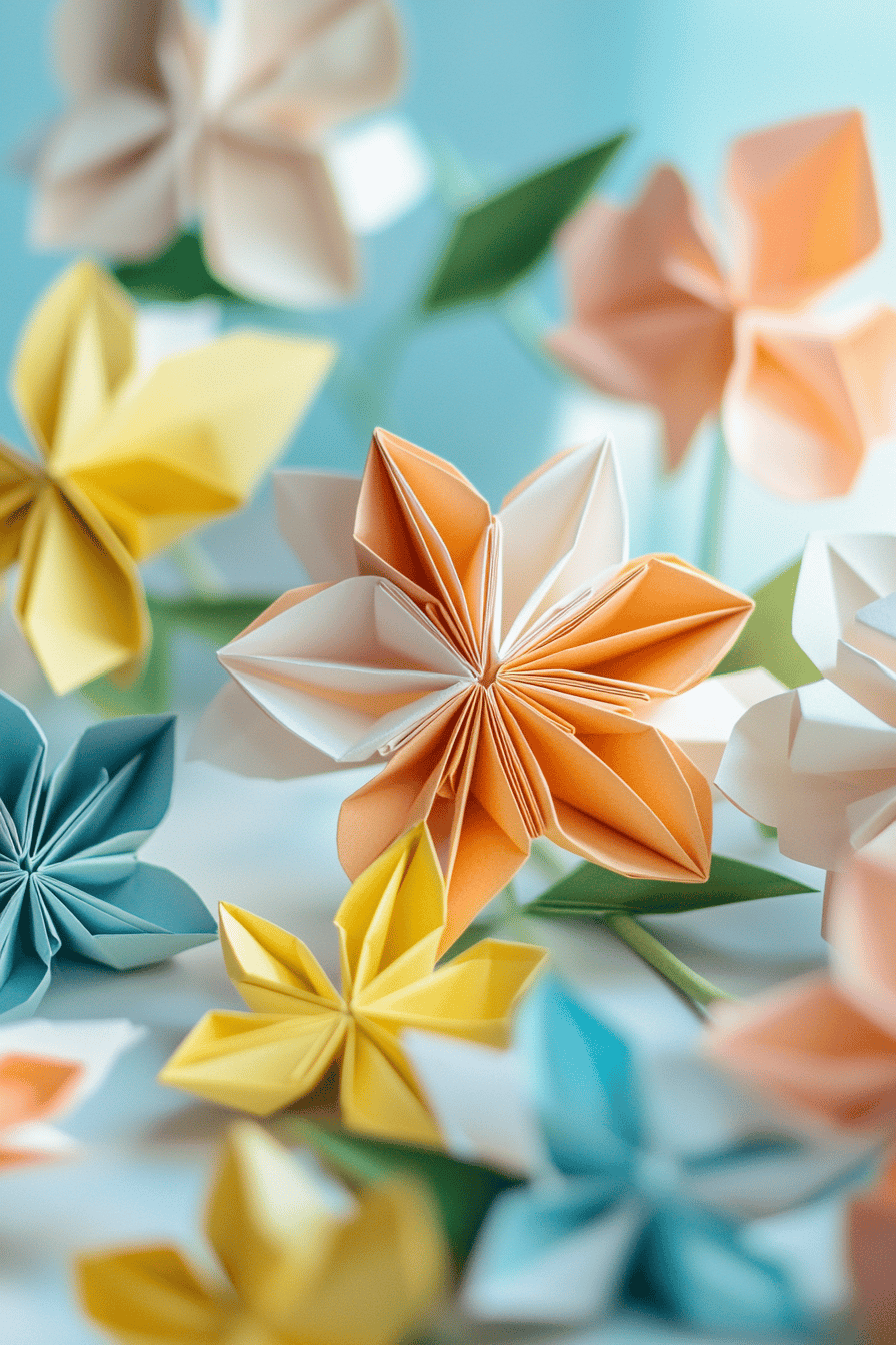 Verschiedene Origami Blumen in Pastellfarben arrangiert.