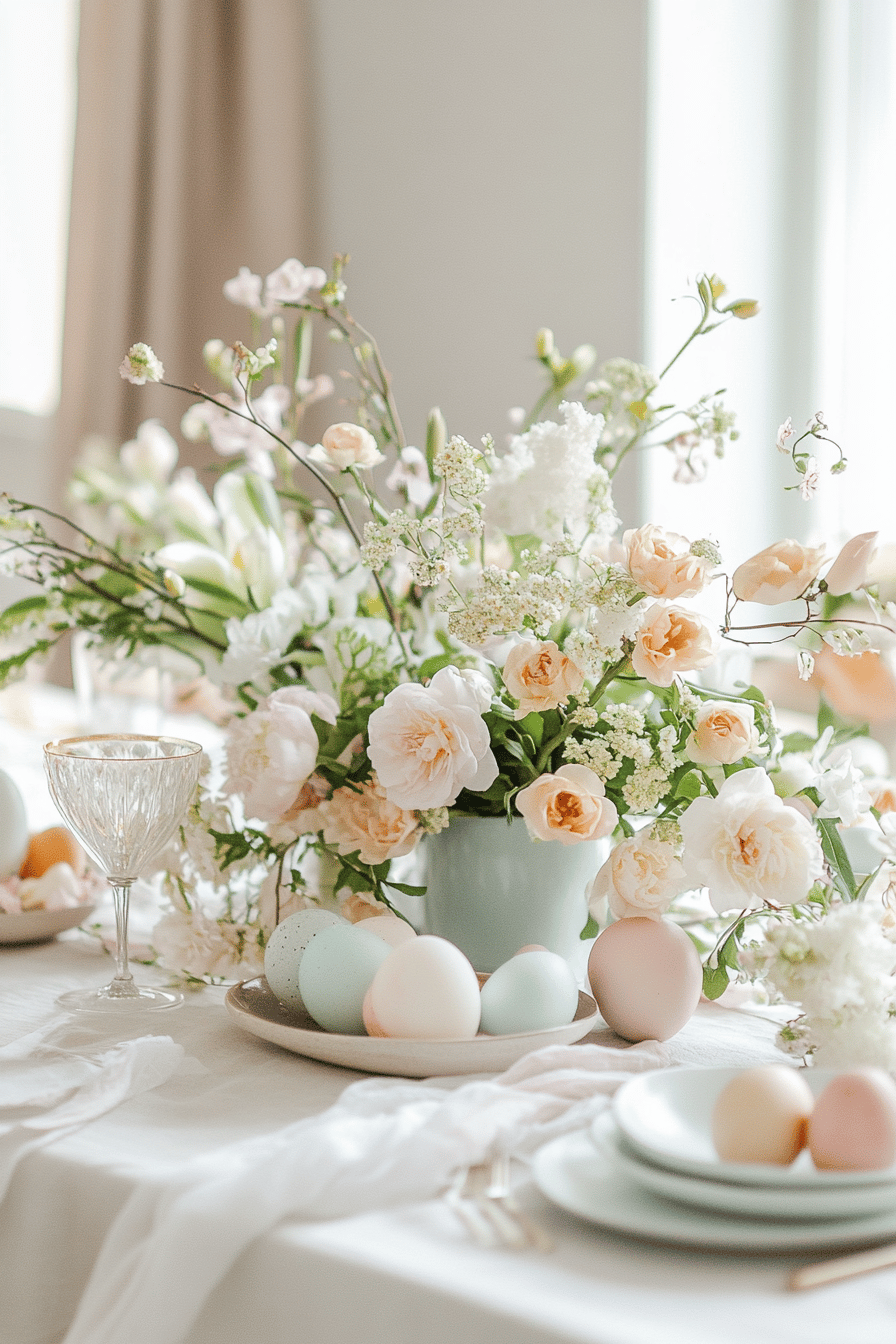 Ein elegantes Osterarrangement auf einem Tisch mit Blumen und pastellfarbenen Eiern.