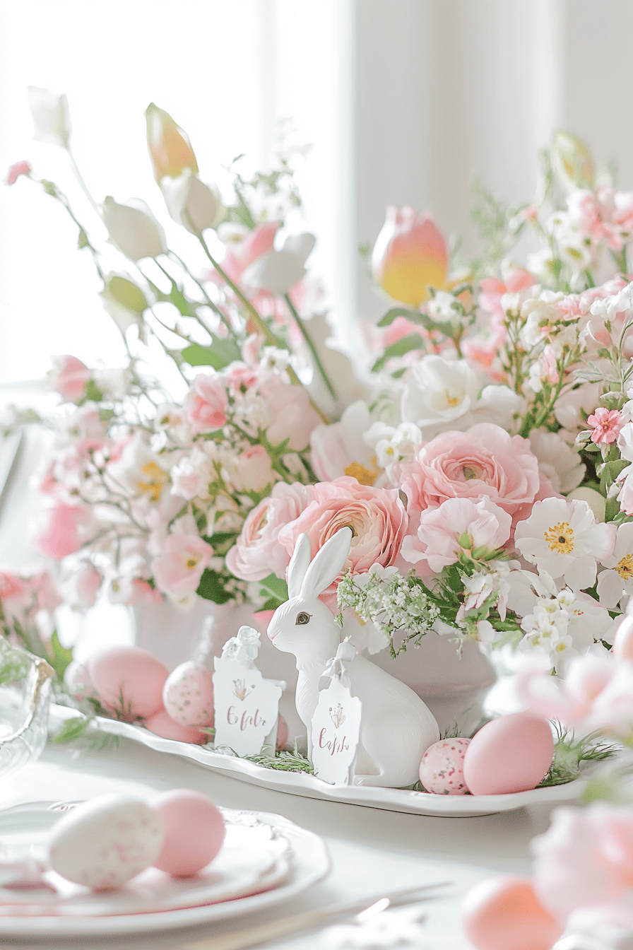 Ein dekoratives Oster-Tablett mit Blumen, Eiern und einem Hasen.