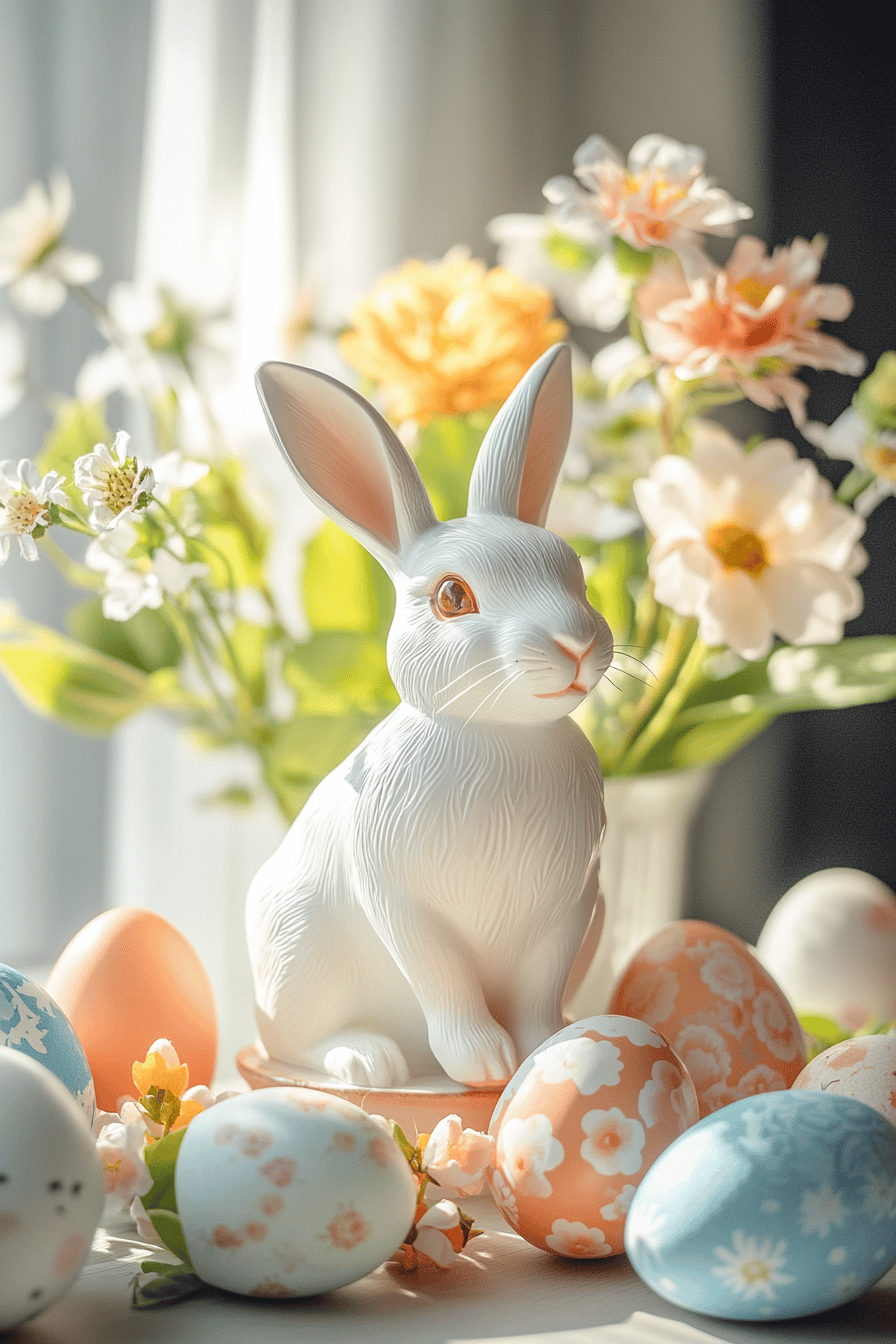 Hasenfigur mit bemalten Eiern und Blumen im Hintergrund.