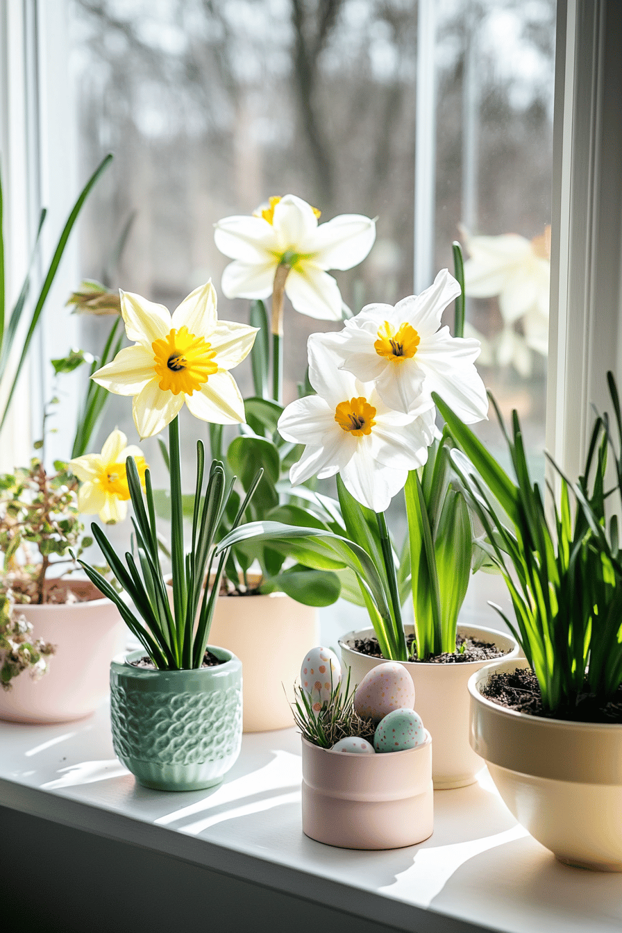 Fensterbank mit bunten Narzissen und dekorativen Ostereiern.