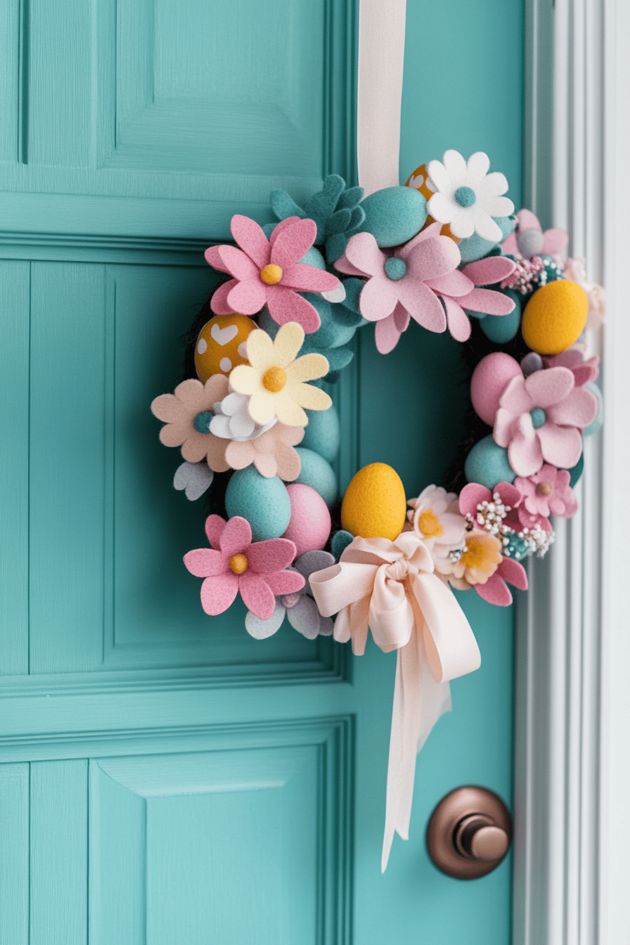 Bunter Türkranz mit Filzblumen und Ostereiern an einer blauen Tür.