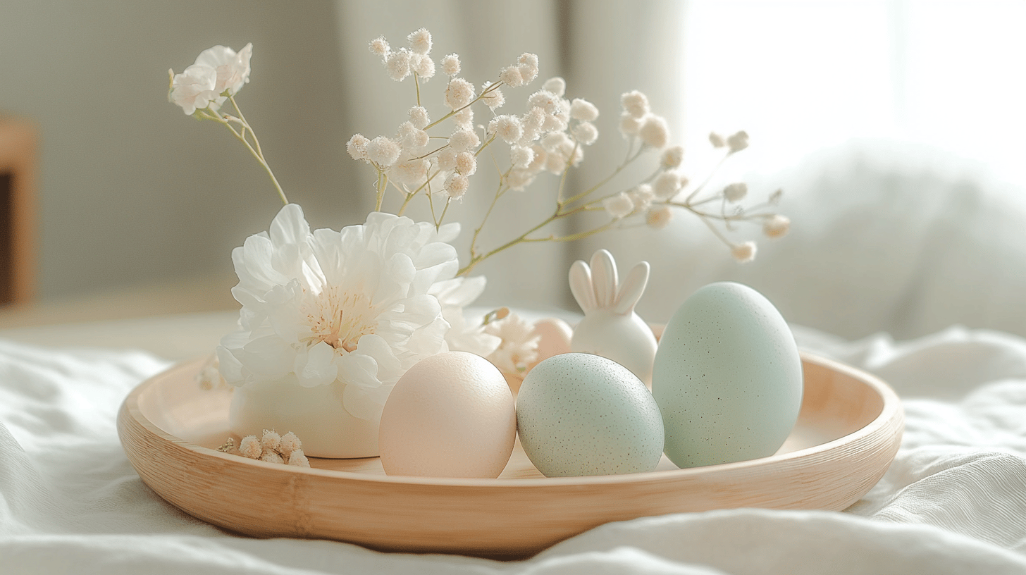 Dekorierte Ostereier und Blumen auf Tablett