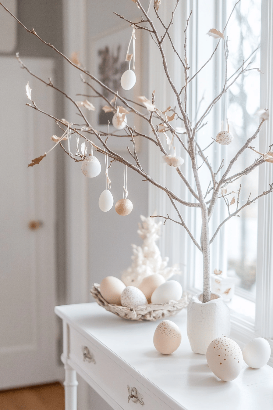 Ein DIY-Osterbaum aus Ästen mit dekorativen Eiern auf einem Tisch vor einem Fenster.