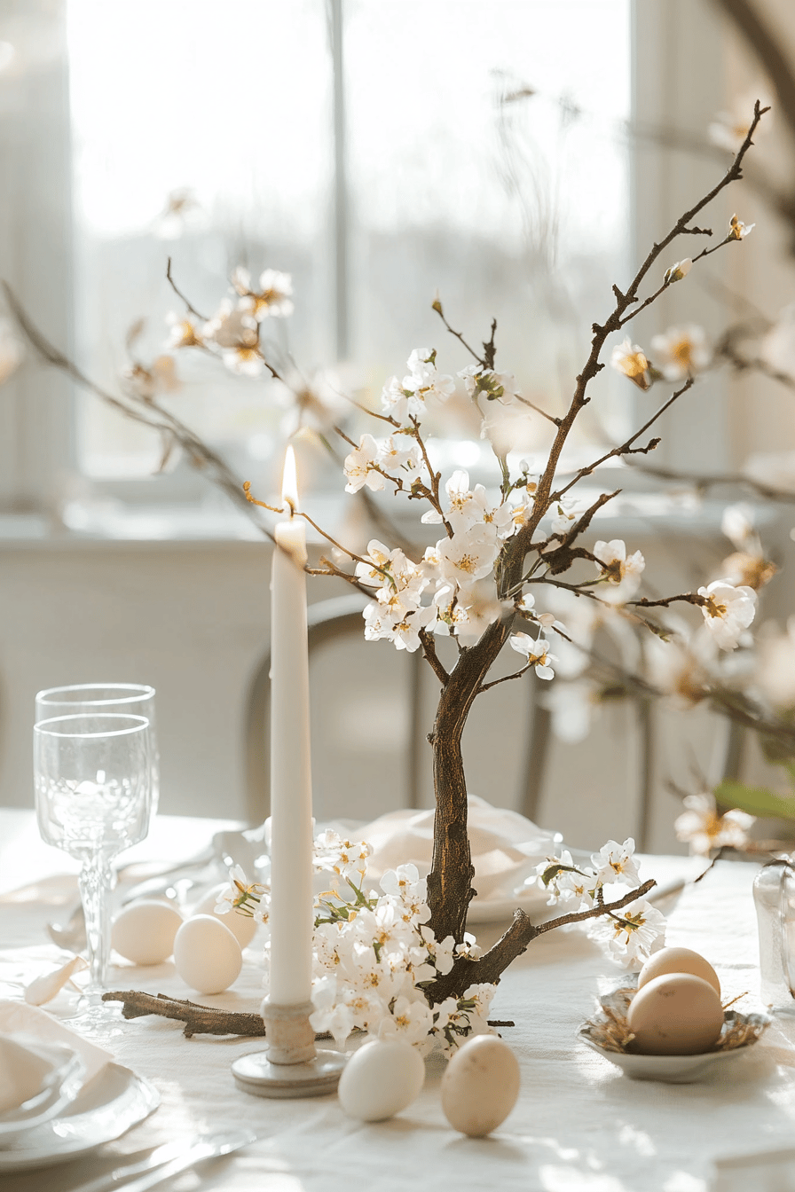 Ein stilvoll gedeckter Tisch mit einem Kerzenständer aus blühenden Ästen und umliegenden Ostereiern.