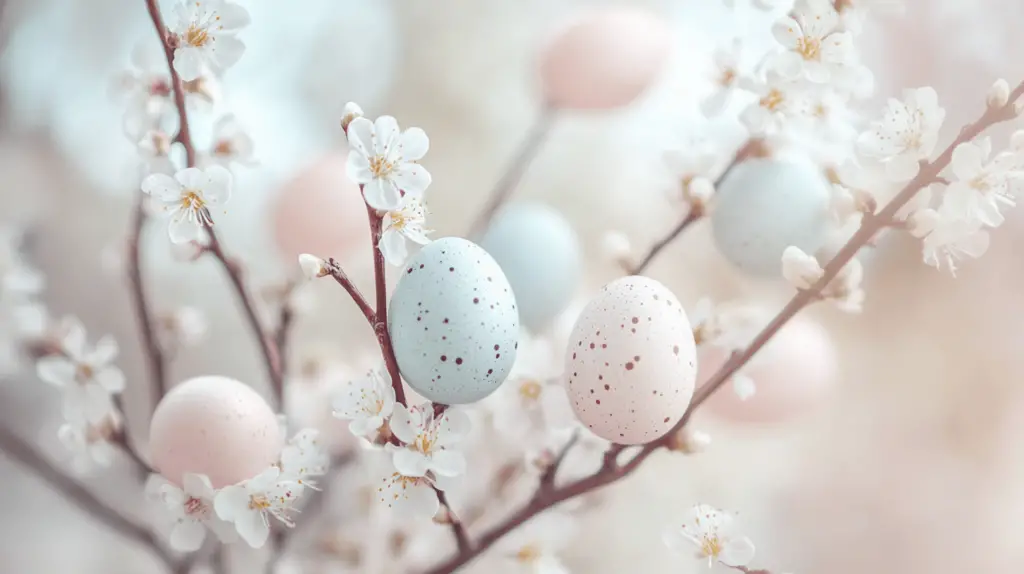 Bunte Ostereier zwischen Frühlingsblüten.