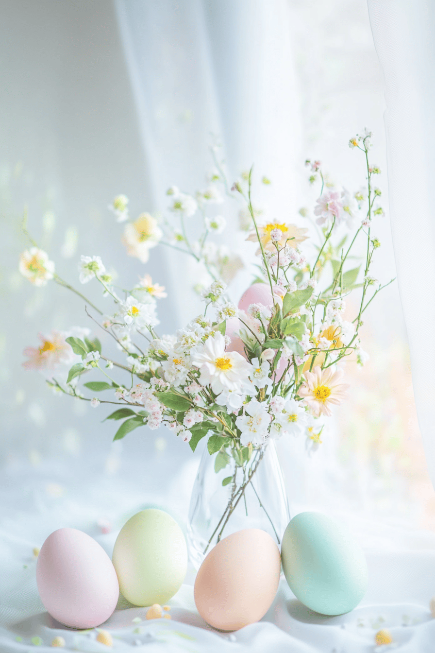 Pastellfarbene Ostereier vor einem Blumengesteck aus Frühlingsblumen.