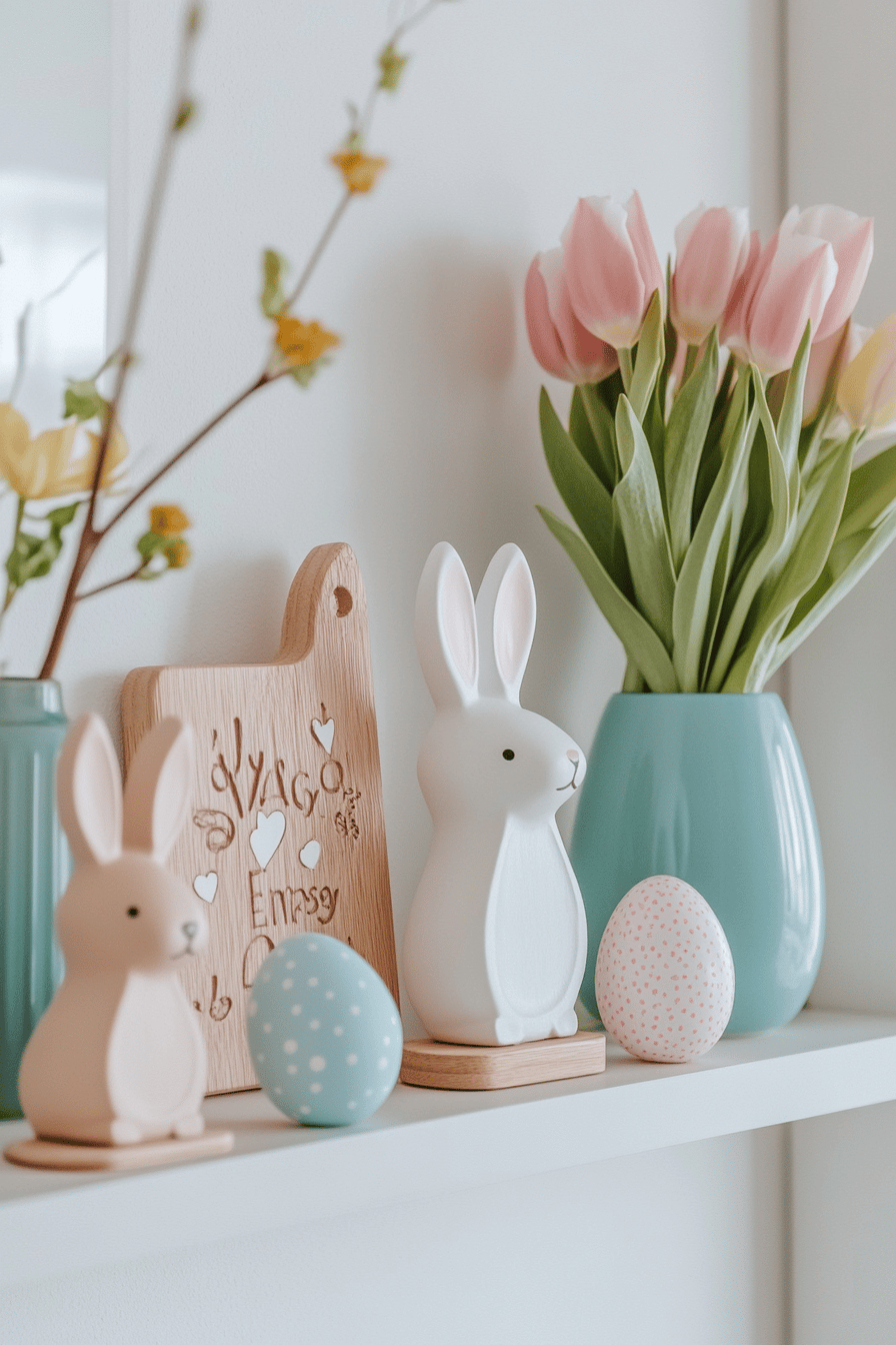 Holzschilder, Hasenfiguren und bunte Ostereier dekorieren ein Regal.