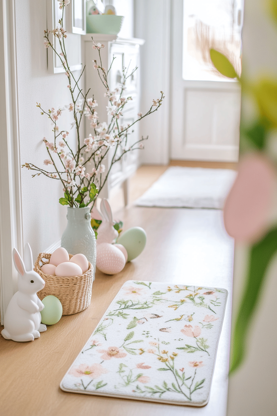 Flur mit frühlingshafter Türmatte, Osterhasenfigur, pastellfarbenen Eierdeko und blühenden Zweigen.