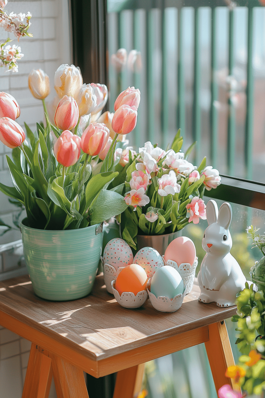 Blumen, bemalte Eier und eine Hasenfigur auf einem Holztisch.