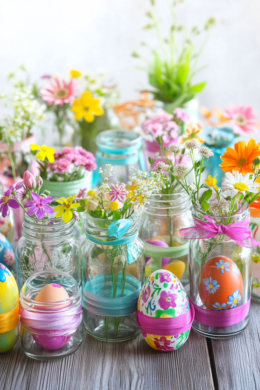 Verschiedene Gläser mit bunten Blumen, bemalten Ostereiern und bunten Bändern dekoriert.