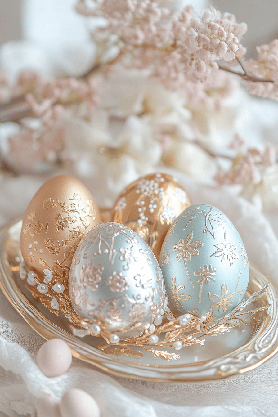 Elegante Ostereier in Gold und Silber mit floralen Mustern auf einem Tablett.