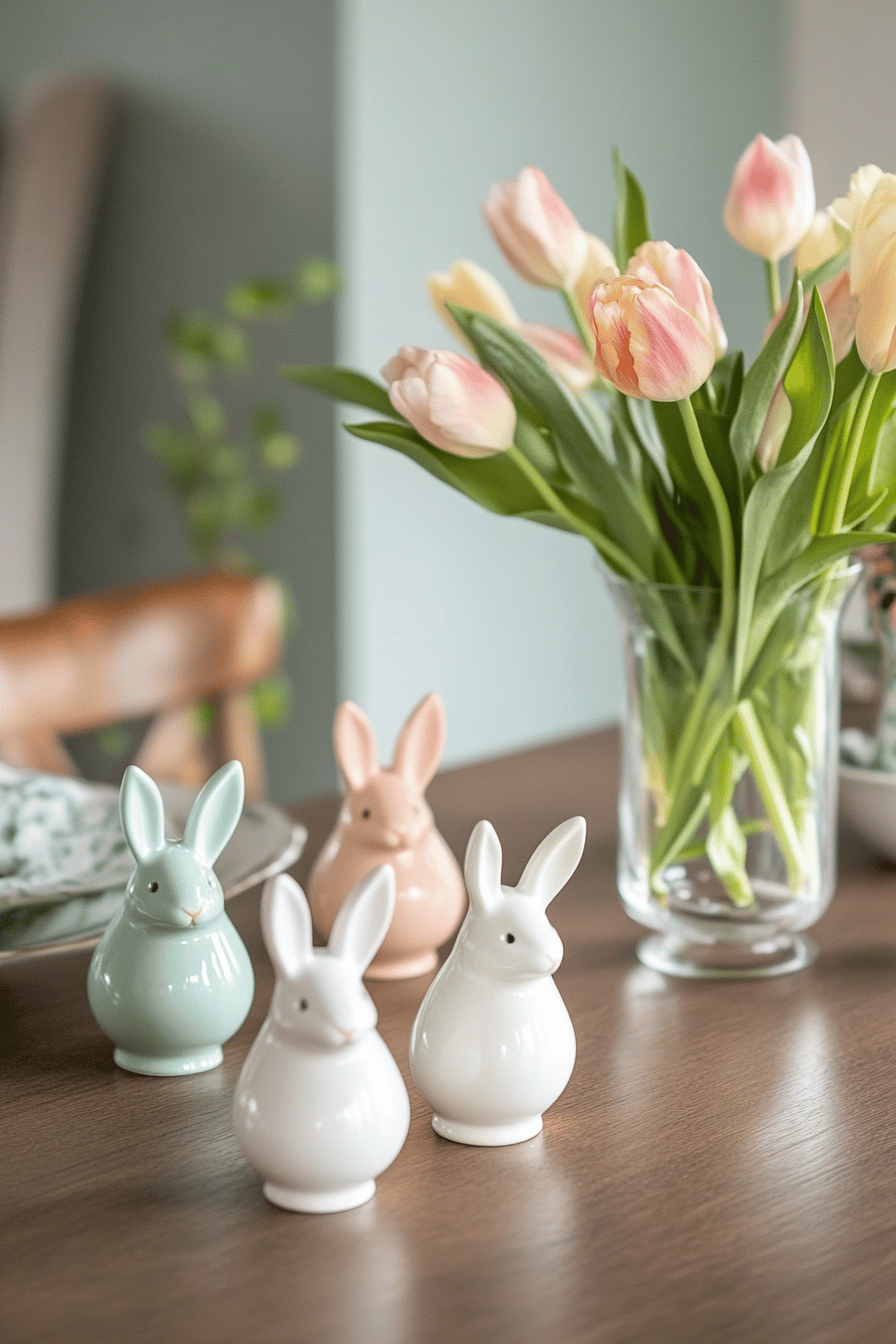 Kleine Hasenfiguren in Pastelltönen auf einem Holztisch mit einem Tulpenstrauß im Hintergrund.