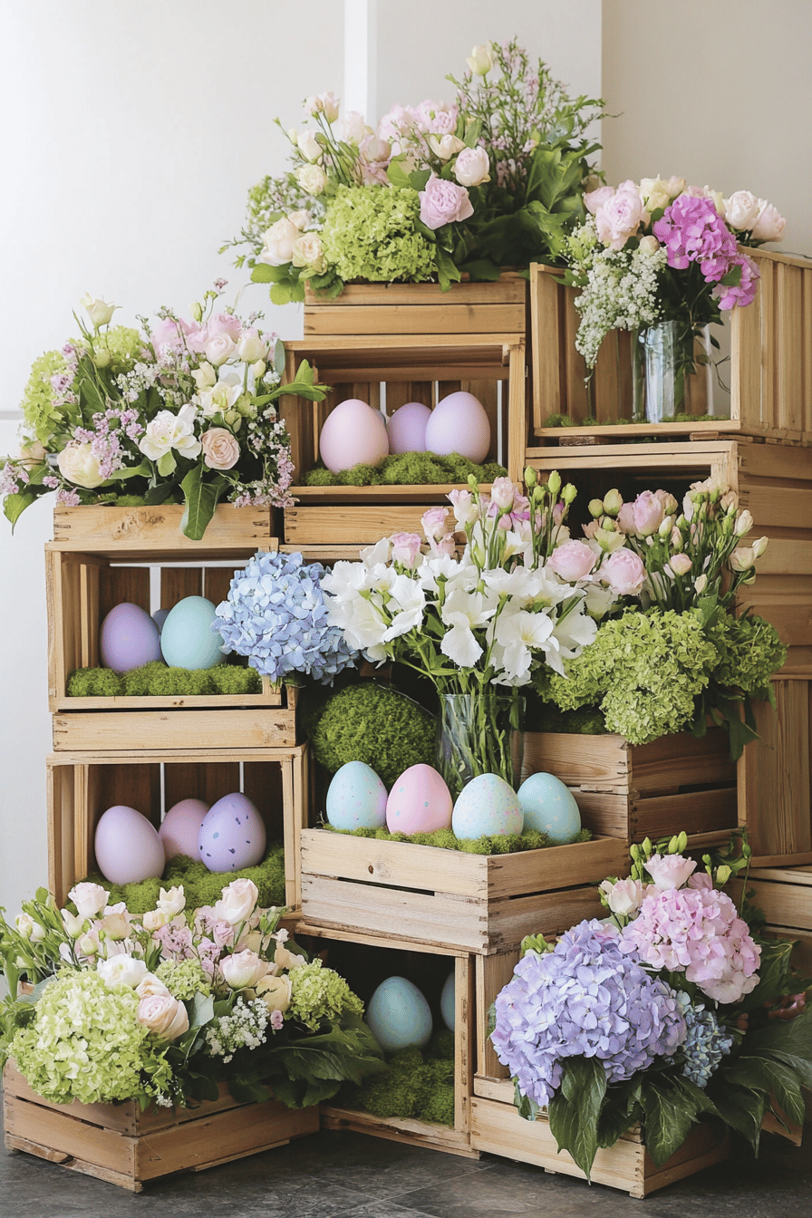 Gestapelte Holzkisten mit bunten Blumen und bemalten Eiern.