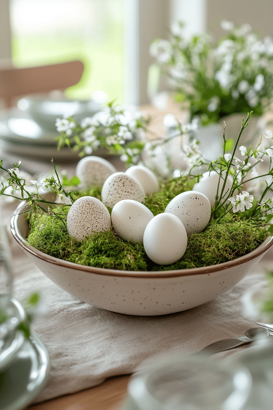 Eine Schale mit Moos, weißen Eiern und kleinen weißen Blumen als Tischdeko.