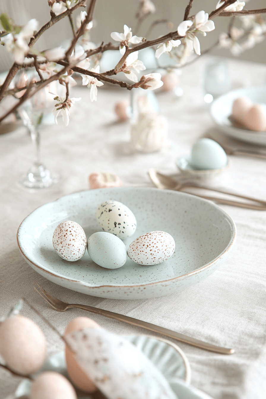 Ein Esstisch dekoriert mit pastellfarbenen Eiern in einer Schale und blühenden Zweigen.