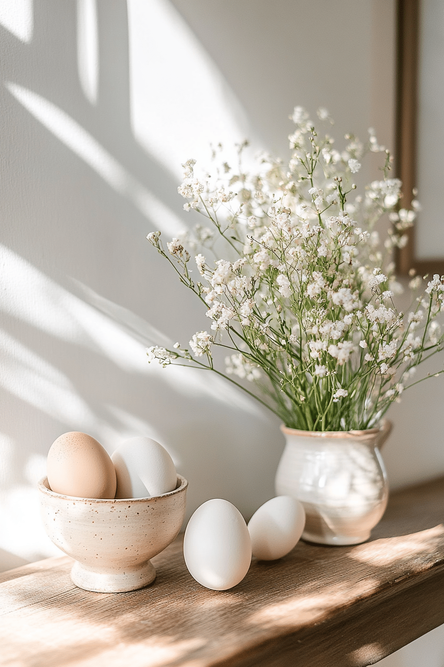 Rustikale Keramikschale mit Eiern und Blumenstrauß im Hintergrund.